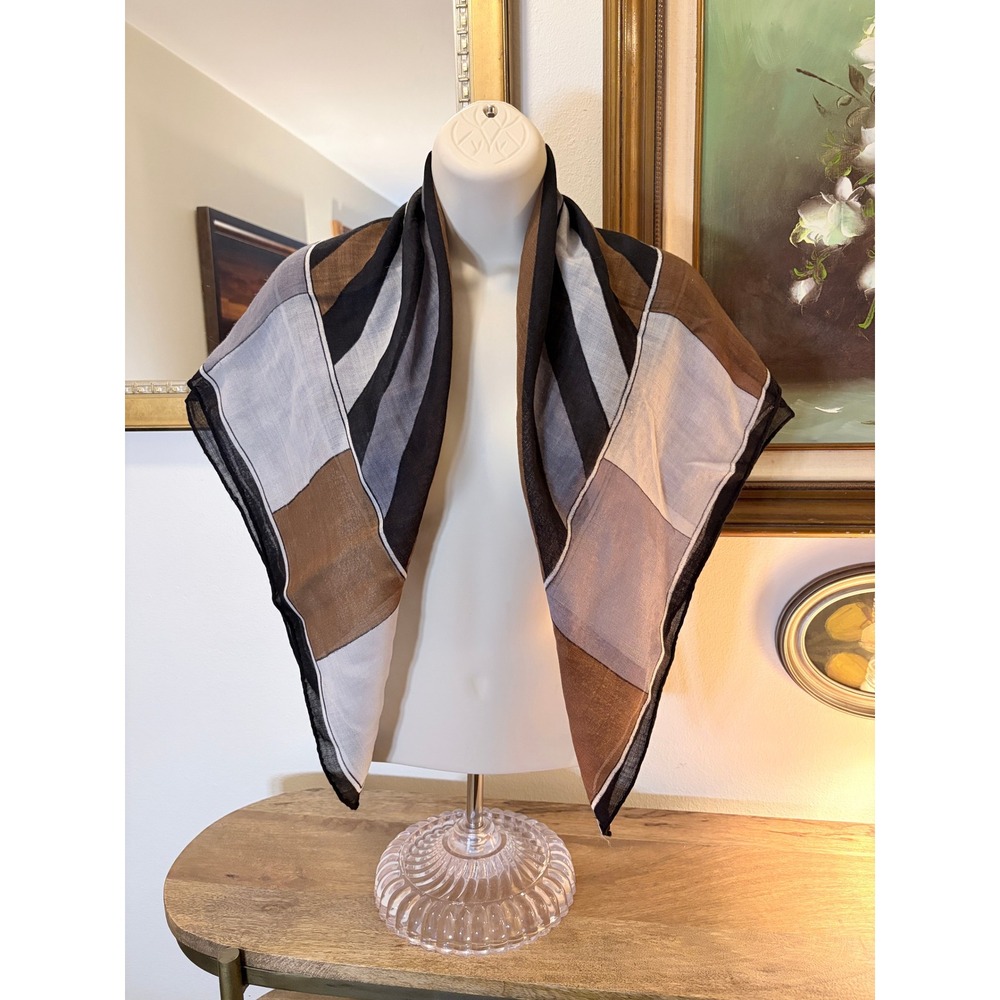 Vintage Pure Wool Scarf 32 Square Brown Gray Black Geometric Mod Colorblock